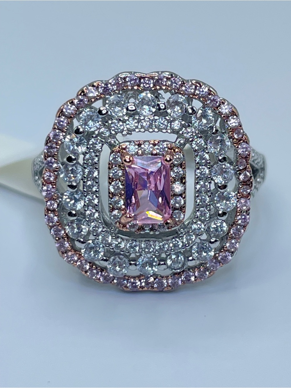 Swarovski Crystal Elements Pink White Crystal Halo Statement Ring Art Deco Sz 10